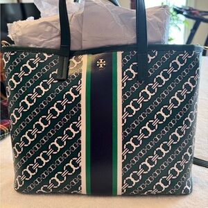 Tory Burch Green and White Chain Print Tote